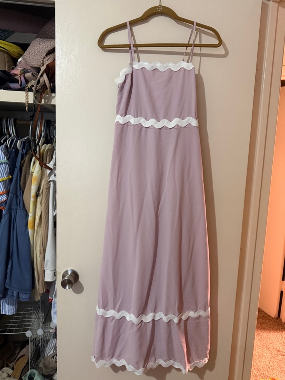 Sleeveless Maxi Dress with White Scallop Trim - Dusty Pink